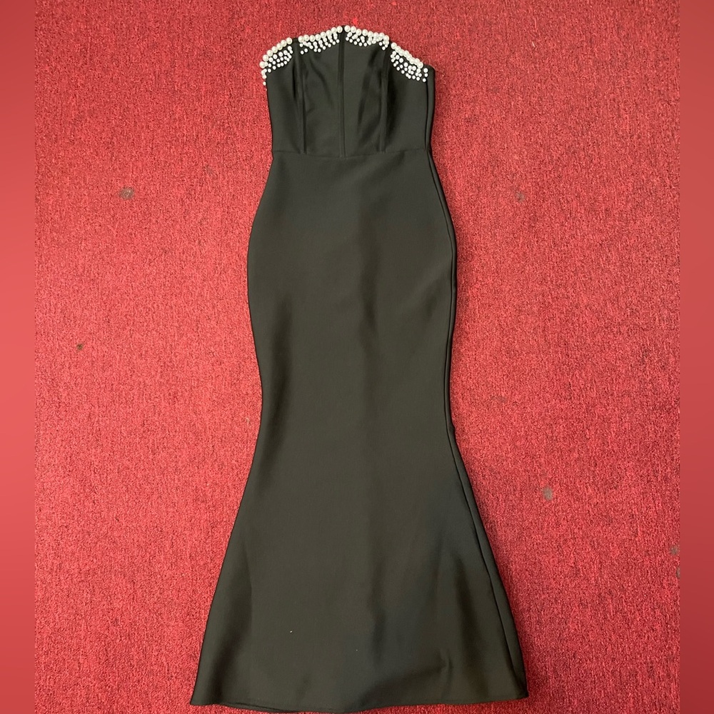 Black and white strapless dress with pearl detailing